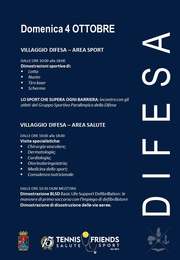 SM_Difesa's tweet photo. 📍Roma | Dal 2 al 4 ottobre la #Difesa sarà al Foro Italico per #TennisAndFriends.

🎾 Sport e incontri con le atlete e gli atleti delle #ForzeArmate
🩺 Prevenzione, visite specialistiche e dimostrazioni sanitarie
🎶 Fanfare, attività interattive e tante occasioni per conoscere da vicino uomini, donne, mezzi e professionalità della Difesa.

Tre giornate dedicate a sport, salute e prevenzione.

Scopri nelle locandine tutti gli appuntamenti del Villaggio Difesa 👇