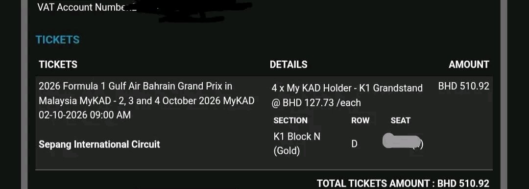 yuki_47868's tweet photo. 1 Mykad Tickets for 2026 Formula 1 Gulf Air Bahrain Grand Prix
- Grandstand: K1 Grandstand (Gold), Block N

- Row: D

- Dates: Friday 2nd, Saturday 3rd, Sunday 4th October 2026

- 1500RM each

-Selling as friend unable to join

-Will be attending as well.

Pm for more info https://t.co/NQir9mM5wt