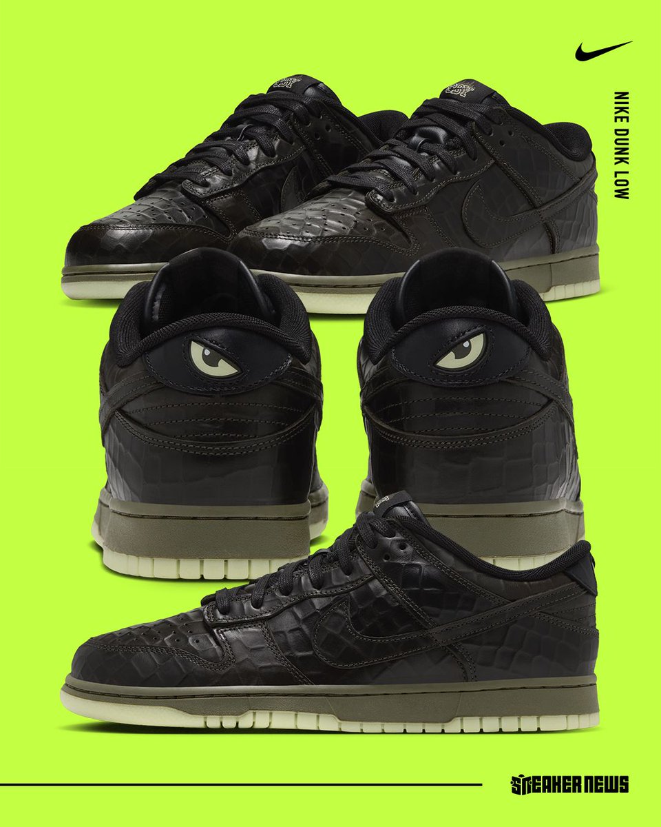 SneakerNews's tweet photo. The Dunk Low enters Nike's Halloween 2026 fray with this spooky colorway 🐊 

Croc skin uppers, glow-in-the-dark outsoles, and "Shibuya" branding 

Get a closer look:  https://t.co/vlrsPv0eFk https://t.co/a0e58SVMPl