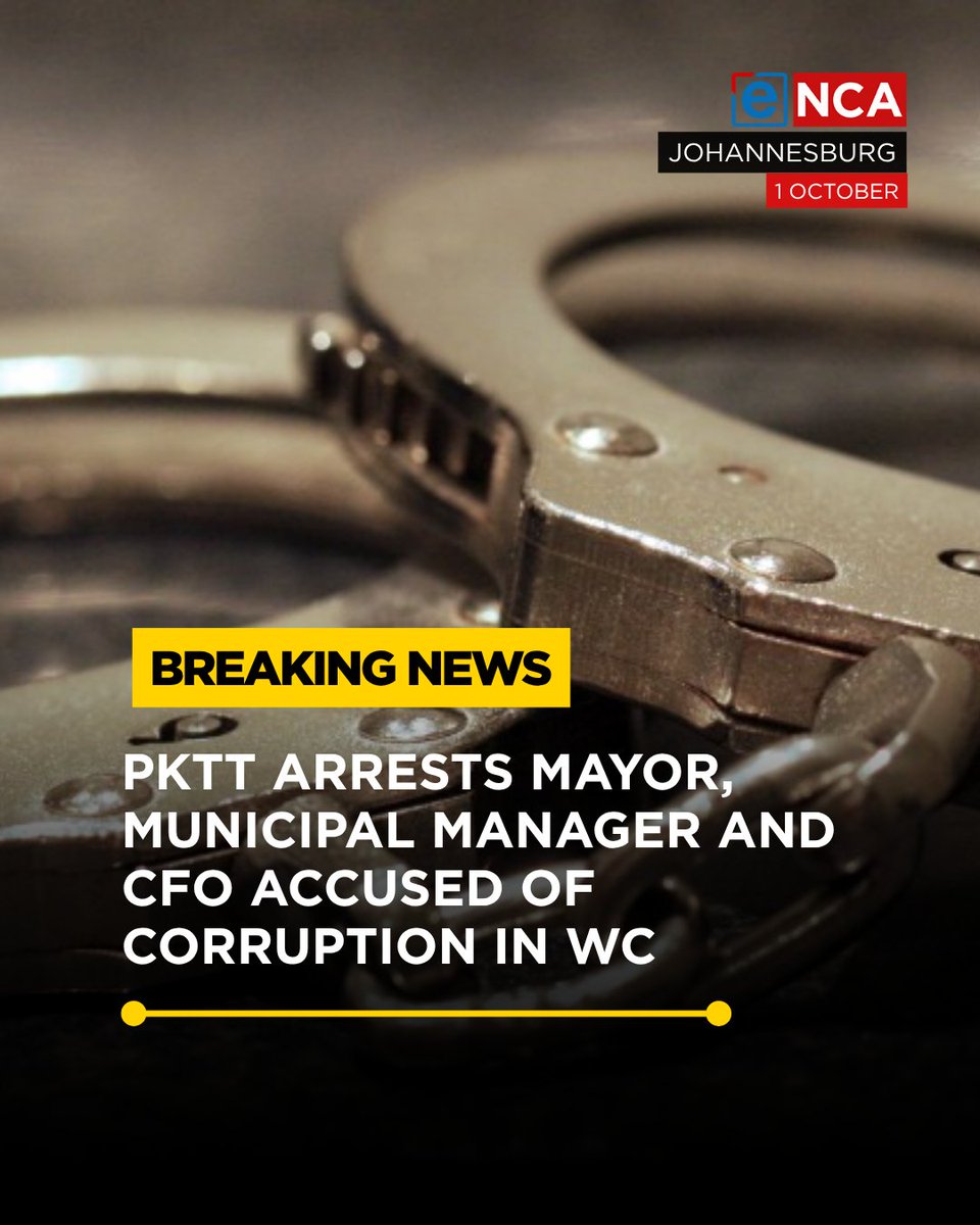 eNCA's tweet photo. [BREAKING] The SAPS Political Killings Task Team (PKTT) has arrested a mayor, a municipal manager and a Chief Financial Officer of a municipality accused of corruption in the Western Cape. #eNCA   

Read the full article here: https://t.co/ITO285BJxa https://t.co/3e10feOc8m