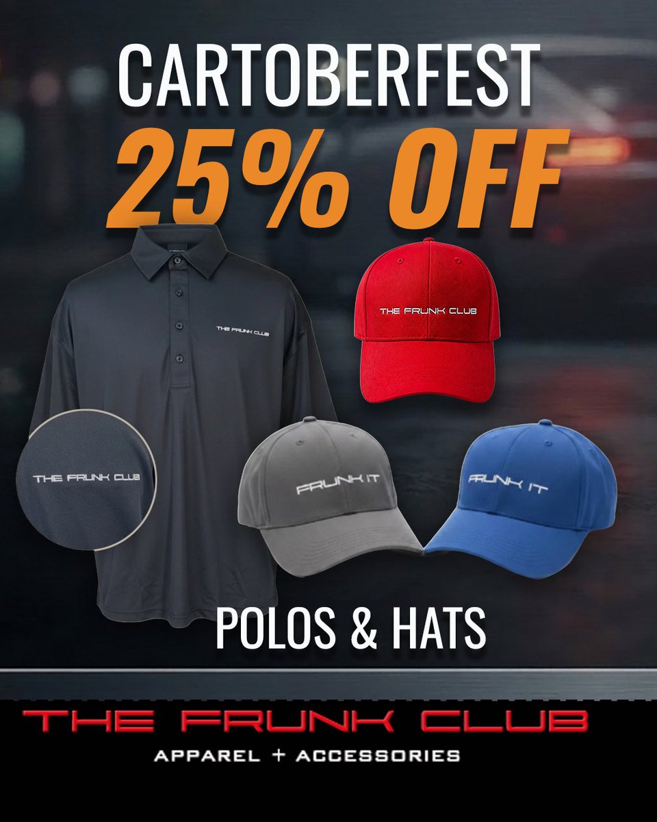 thefrunkclub's tweet photo. Your car canβt have all the good accessories. Say FrunkIT.
CARTOBERFEST: 25% off select polos & hats through Oct 31. Automatic at checkout. Bundles excluded. Final sale.
https://t.co/5XomG5bLu3
#FrunkIT #Cartoberfest #TheFrunkClub https://t.co/lBzKvxRSUb