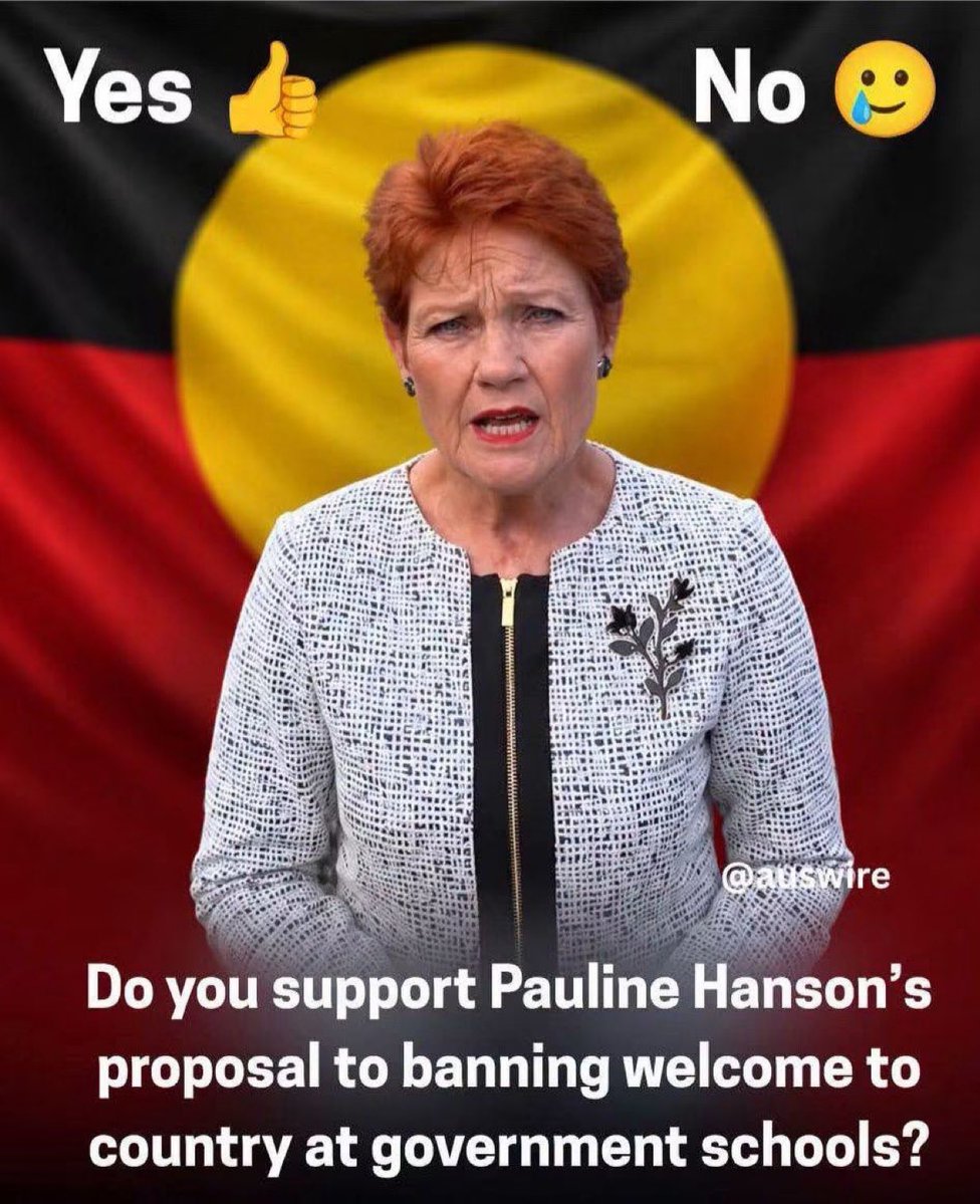 BenjaminBlca's tweet photo. BREAKING: Pauline Hanson says a One Nation government would ban Acknowledgement of Country and Welcome to Country in public schools and across government.

🇦🇺 Do you support this proposal?

❤️ YES
🥲 NO

👇 Tell us why in the comments

#Australia #OneNation #PaulineHanson https://t.co/9SRk5XH0i1
