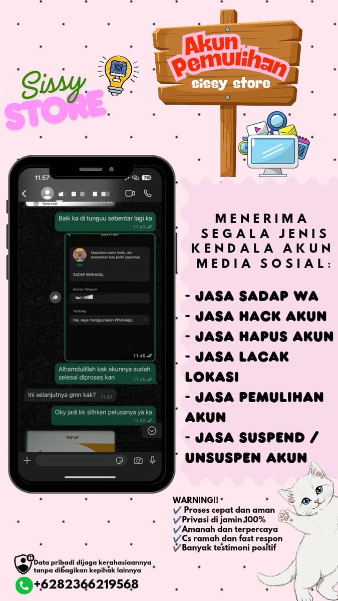W1Michelle's tweet photo. Jasa hack akun &amp; jasa Pemulihan Akun dan Jasa lacak lokasi nya🍬✨

Jasa balikin akun/ u suspend &amp; suspend akun, Instagram dan Facebook, Tiktok, Linkedlin, Gmail, Line, all sosmed ✍🏻💬 

Hapus akun Facebook, Instagram, Line, Twitter, YouTube, &amp; lain nya

જ⁀➴wa di bio ya … https://t.co/cXXzUBvivw