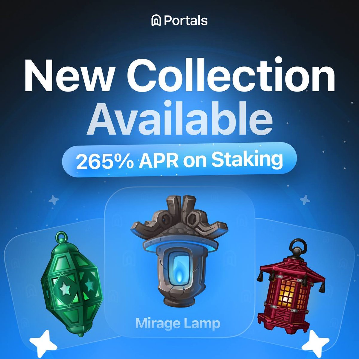 PortalsMarket's tweet photo. Mirage Lamps just landed on Portals 💎

Trading is live, with the collection now open to buy, sell and stake on @PortalsMarket

For a limited time, staking earns 265% APR, 5x the usual rewards for the same collectible

Grab a few Mirage Lamps and put them to work