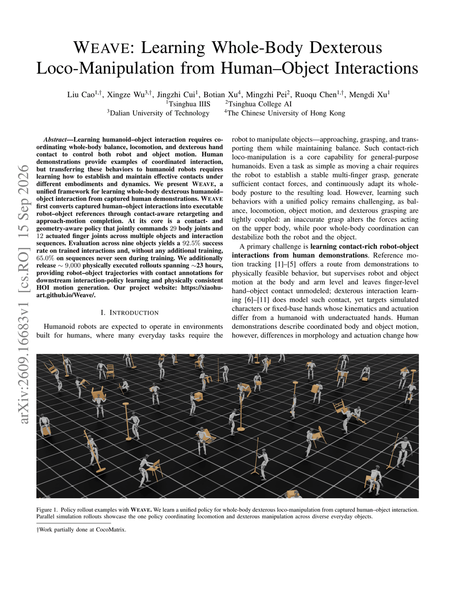 UKecom's tweet photo. Maybe the race for better robot hands is missing half the problem.

The moment a humanoid grabs something heavy, its fingers, arms, posture and balance all become part of the same task.

WEAVE trains that coordination as one policy.

That sounds a lot closer to real dexterity than judging the hand alone.