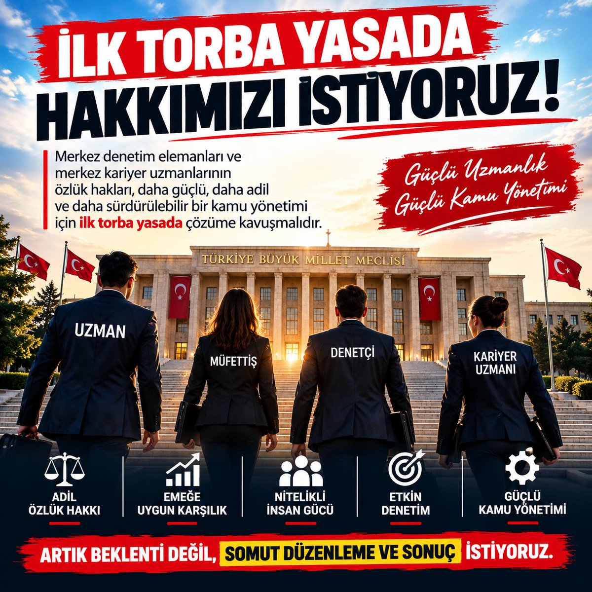 HuniliUzman's tweet photo. Merkez denetim elemanları ve merkez kariyer uzmanlarının özlük haklarına ilişkin beklenti nettir:

İlk torba yasada somut düzenleme.

Yeni bir erteleme değil, sürecin sonuçlandırılması bekleniyor.

Artık söz değil, sonuç zamanı.
#MerkezKariyerUzmanları #DenetimElemanları #ÖzlükHakkı