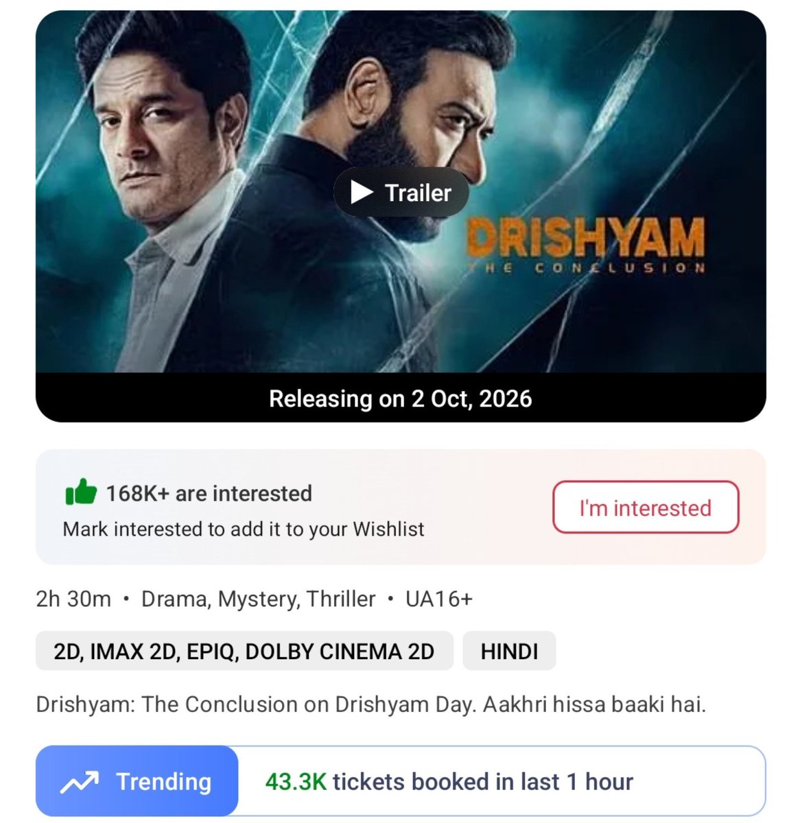 filmy_view's tweet photo. #DrishyamTheConclusion FANTABULOUS 🌪️🔥🔥
9-10pm   
Tickets sold on BMS- 43300
Total from 6am- 2,72,720 https://t.co/5fsQoIG9F2