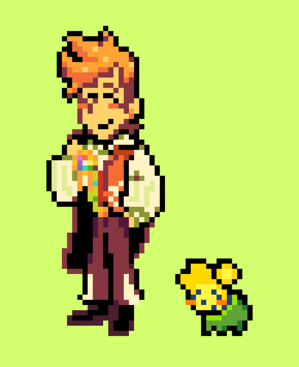 GYARUTAU's tweet photo. #flowerytober26 day 1: default idle pose!
I drew his idle yesterday and my flowery design ref is already idling so I did a sprite edit of my design since I didn't wanna be redundant. wiwi is here
#deltarune #flowery https://t.co/a3GL6A47FB