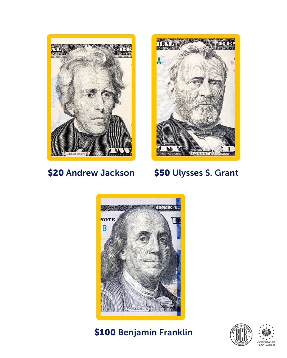 bcr_sv's tweet photo. Los retratos en los billetes representan personajes que marcaron la historia de EE. UU., y ayudan a distinguir cada denominación 💵. Aunque la mayoría corresponde a presidentes, Alexander Hamilton ($10) y Benjamín Franklin ($100) son dos excepciones. https://t.co/518Dog9Jgv