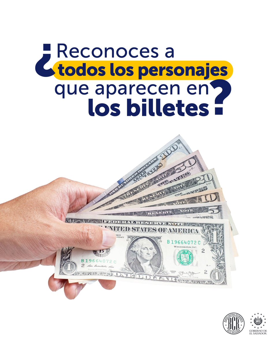 bcr_sv's tweet photo. Los retratos en los billetes representan personajes que marcaron la historia de EE. UU., y ayudan a distinguir cada denominación 💵. Aunque la mayoría corresponde a presidentes, Alexander Hamilton ($10) y Benjamín Franklin ($100) son dos excepciones. https://t.co/518Dog9Jgv
