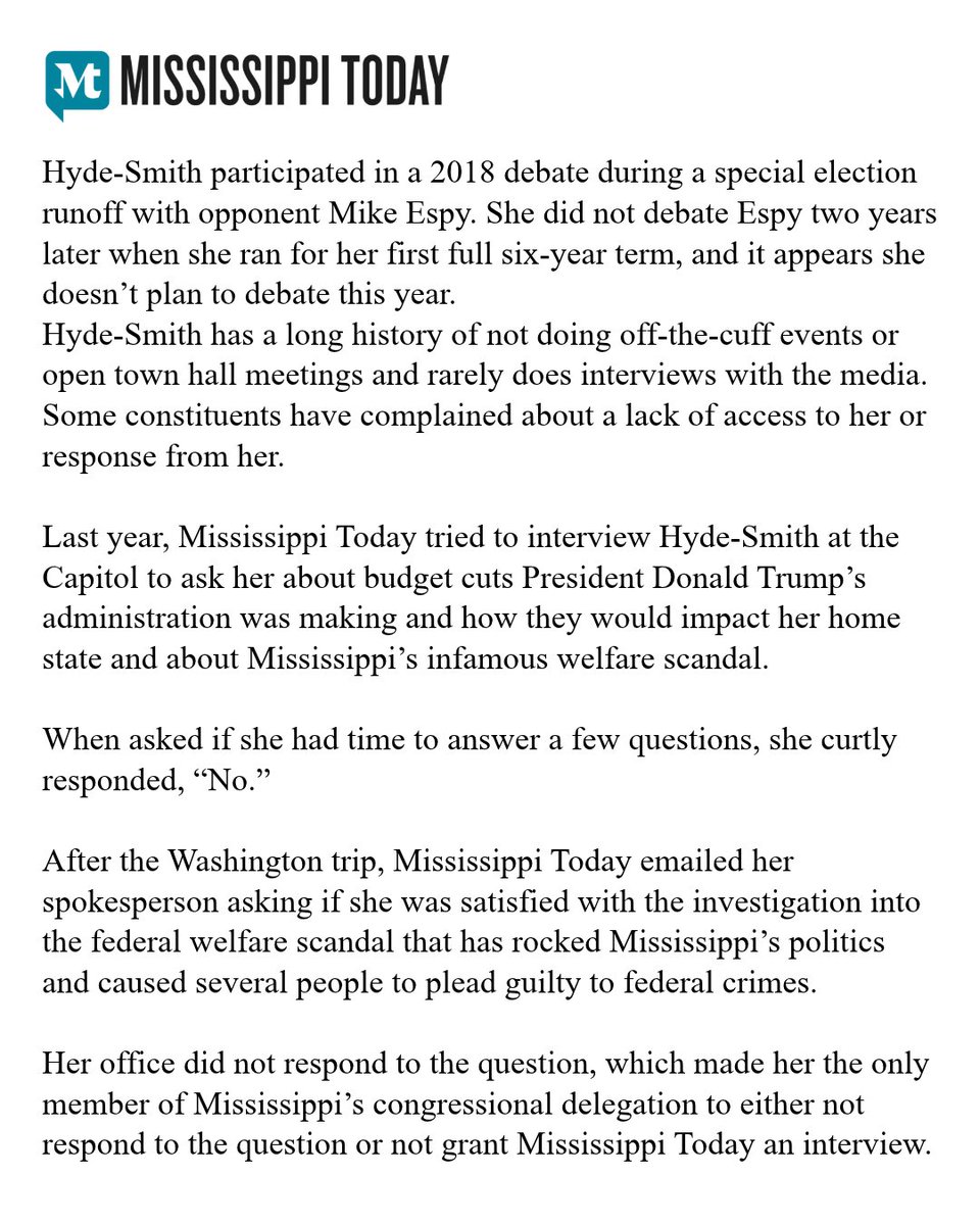 scott_colom's tweet photo. Part of public service is answering to the public. This isn’t hard.

If you’re going to ask Mississippians for their vote, the least you can do is answer their questions. Cindy Hyde-Smith has refused to do that for six years. On November 3rd, it’s time to send her packing. https://t.co/CaRxe5OP1P