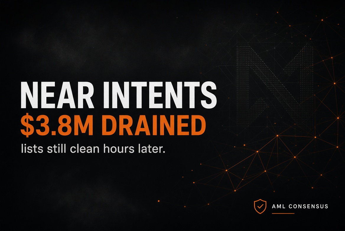 AMLConsensus's tweet photo. On Oct 1, about $3.8M left NEAR Intents. The bug was in how Omni deposits and withdrawals talked to the Intents contract, not in NEAR itself.

The contract-side hole is patched. Deposits and withdrawals are paused on 11 networks, including BSC, Polygon, TON, Optimism and Avalanche. The team says losses will be covered in full. ZachXBT flagged irregular outflows from the BSC hot wallet: funds went to KuCoin, then into bitcoin.

Receiver: 0x09fd1f5d9f185067a92493e43aa259ea4ab3ad37. Hours later it had sent 75 txs and was running EIP-7702 delegation. It was still absent from OFAC, the Chainalysis sanctions oracle, TRM, USDT/USDC blacklists and public scam lists.

That is the P2P problem. “Not on any list” in the first hours means “not labeled yet,” not “clean.” If you get paid in coins that just left a fresh exploit, the exchange questions arrive later, and they arrive to you.

Check age, first funding source and any large inflow in the last few hours. A new wallet with a large sum from nowhere is a reason to ask for another. Save the tx hash and the screening result on every deal.
https://t.co/Hd5ZN4zmEL

#NEAR #hack #AML #P2P