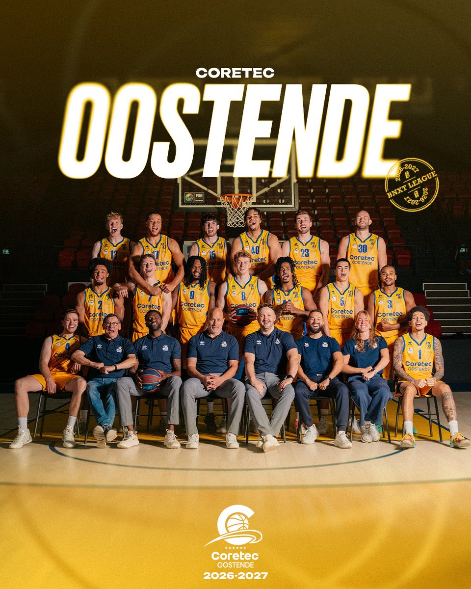 BnxtLeague's tweet photo. 🌊 From the coast to the court.

Here’s the official ‘26-‘27 squad of Coretec Oostende.

ℹ️ Assistant Coach Thierry Declercq was absent on Media Day but is still part of Oostende’s coaching staff. https://t.co/HLd7nXcyNP