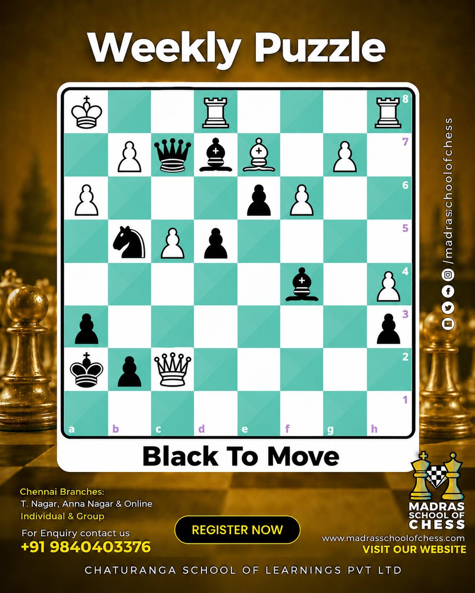 madraschess's tweet photo. Think you can find the best move?

Take a moment, look at the position, and solve this week’s chess puzzle before checking the answer!

Followus:madrasschoolofchess for more fun!

#Madrasschoolofchess #WeeklyPuzzle #ChessTactics #ChessTips #LearnChess https://t.co/oCApnyF4gl