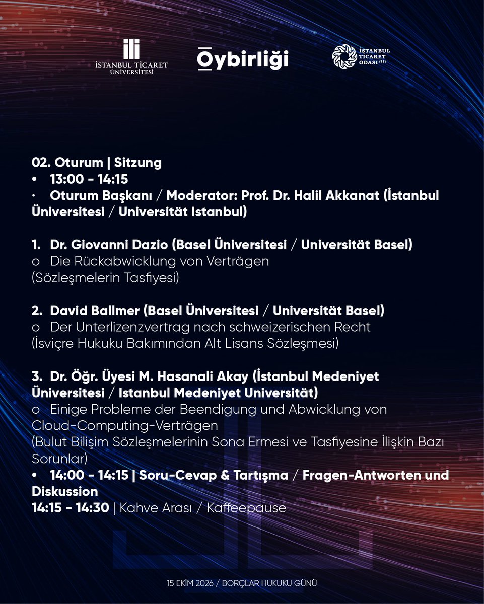 oybirligiorg's tweet photo. Kongremizin açılışını 15 Ekim Perşembe günü "Borçlar Hukuku Günü" temasıyla gerçekleştiriyoruz.

Türk ve İsviçre hukuk dünyasından saygıdeğer akademisyenleri ağırlayacağımız bu oturumlarda; yapay zekânın hukuki statüsünden tüketici haklarına, bulut bilişim sözleşmelerinden güncel zamanaşımı sorunlarına kadar hukukun bugünü ve geleceği tartışılacak.

Oturum sonlarındaki soru-cevap bölümleriyle interaktif olarak ilerleyecek kongremize tüm hukukçuları; avukatlarımızı, akademisyenlerimizi ve hukuk fakültesi öğrencilerini davet ediyoruz.

Kayıt ve detaylı bilgi için: https://t.co/upHLYQo6Po