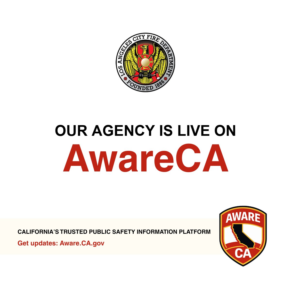LAFDtalk's tweet photo. AwareCA is now considered an official, agency-verified source of information regarding certain active LAFD emergency incidents along with Genasys Protect, and NotifyLA. 
AwareCA is available on Apple IOS, Android, and via the web at https://t.co/2DQQ3koG9S https://t.co/nz6Z7NRlJR