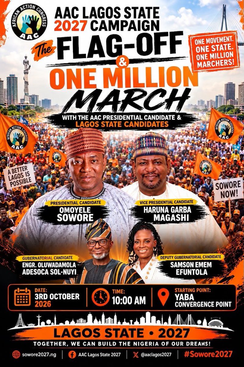 AACAlimoshoLG's tweet photo. Don't miss this Saturday flag off. Our presidential candidate @sowore will be there.

#sowore2027 https://t.co/VLrA4UYX9G