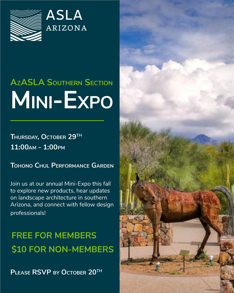 AzASLA's tweet photo. Join AZASLA’s Southern Section for the Tucson Mini-EXPO on Thursday, October 29 at Tohono Chul Gardens.

Free for ASLA professional and student members | $10 for non-members
Space is limited. Register by October 20 to reserve your spot.
Register today: https://t.co/IiI1ygo4Ts https://t.co/e6pVjPuoxx