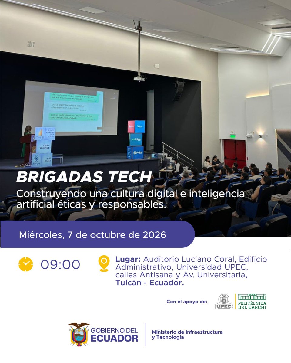 PdeCari028's tweet photo. 🚀 ¡Impulsa tu negocio con las Brigadas TECH del programa EmpoderaTech!
Aprende en el taller gratuito "Click para vender": identificar clientes, comunicar tu valor y vender por canales digitales.
📅 Mié. 7 de octubre | 09h00 (Taller 10h00) 📍 Aud. Luciano Coral - UPEC (Tulcán) https://t.co/gSZE7G3R6b