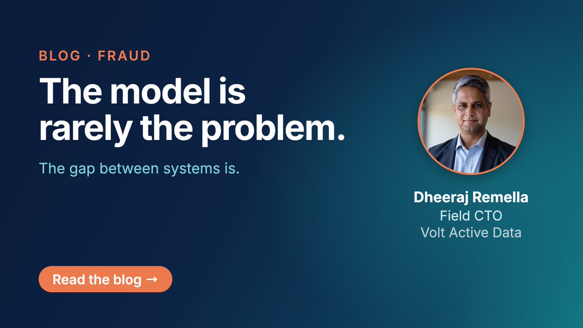 VoltActiveData's tweet photo. Fraud teams are not short of good models.  The decision waits on state in one system, rules in another, enforcement in a third.  The model is rarely the problem. The gap between systems is.

New from our Field CTO, Dheeraj Remella -> https://t.co/R6ZPlNOqIc

#FraudPrevention #FinTech