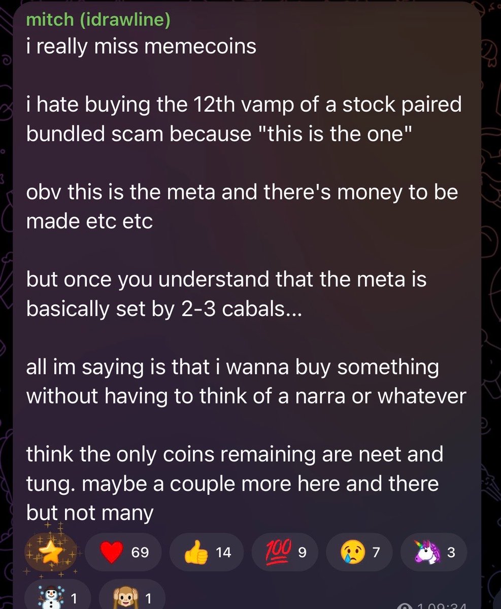 LeoFragrance69's tweet photo. just saw this unrelated post from the one and only GOAT and instantly thought: yeah.. this shit is basically why i personally keep buying retardio here.

cuz when was the last time we bought a coin and actually had fun?

not “number go up” fun. 
not forcing yourself to yap on the tl because youre holding a bag.
not larping like you give a fuck about the community.

i mean REAL fun.

like u keep refreshing the timeline cuz the memes and posts are ACTUALLY funny.
sitting in the tg or in x spaces bullshitting with the same retards for hours.
making stupid memes nobody asked for.
being there even when theres nothing to shill and no catalyst, just vibes. 

when was the last time you genuinely didnt  give a fuck about the money and just wanted to be part of sth?

ask yourself that shit. 

deep down you already know the answer.

we need retardio more than retardio needs us rn. 

also free mitch fucking hell its time.