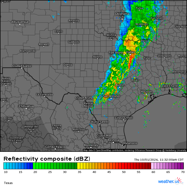 WeatherdotUS's tweet photo. Here's a look at the NEXRAD radar composite of Texas this noontime as the WPC has highlighted a level 3 out of 4 excessive precipitation risk for the Southern Plains.

https://t.co/enkLi03bVr

TT https://t.co/uppqYjz8iP