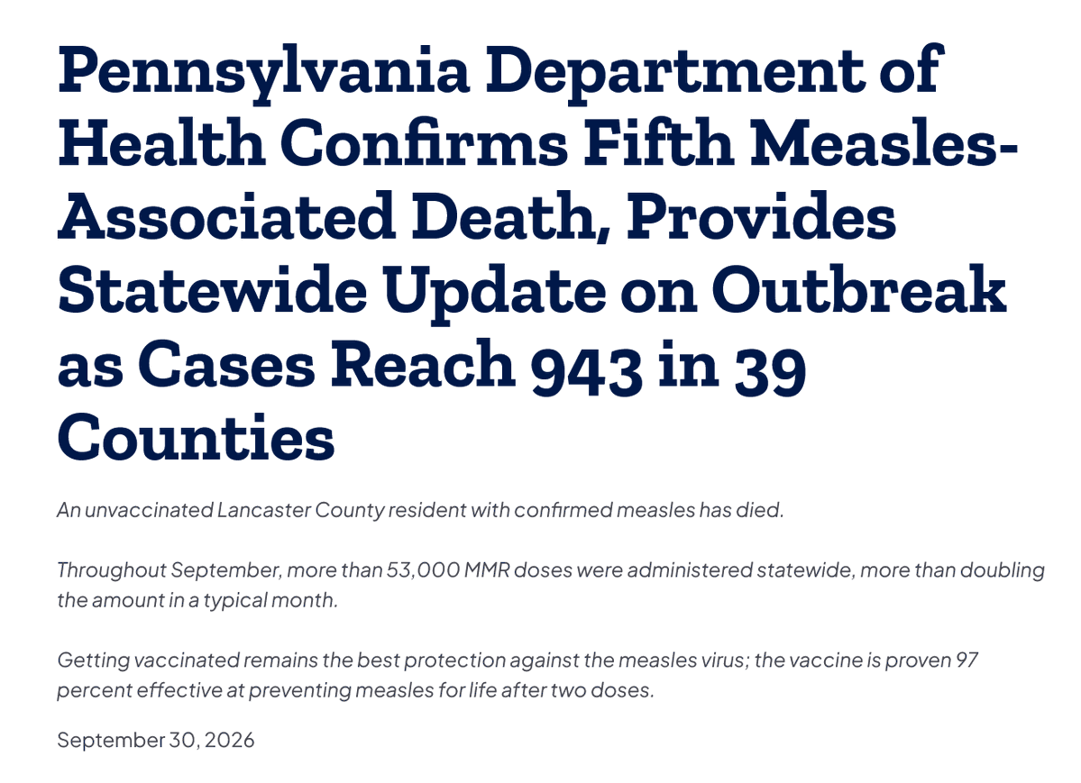 CharlesCMann's tweet photo. In Make American Healthy Again news, we're closing in on 1000 measles cases in Pennsylvania and the fifth person just died. Remember, measles has a near-unique ability to screw up victims' immune systems, so every case makes them more disease-prone in the future. https://t.co/wGJPLRJTVo