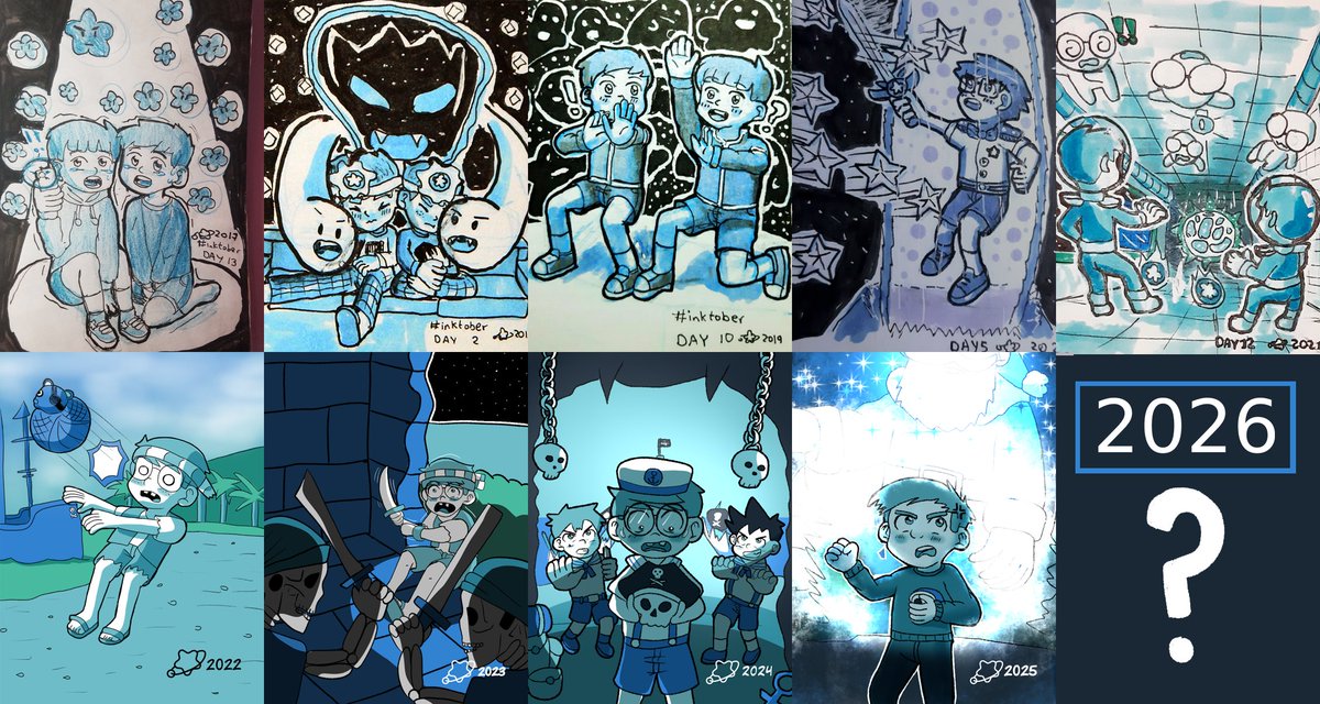 cosmicnerdboy's tweet photo. 10 years of #inktober!
We've been following along with day prompts that tells stories of their characters involved. This year could be some of the same, or could be something special. It's up to the prompts and the adaptation of each day that it will lead the challenge along...! https://t.co/8DGoPPjbey