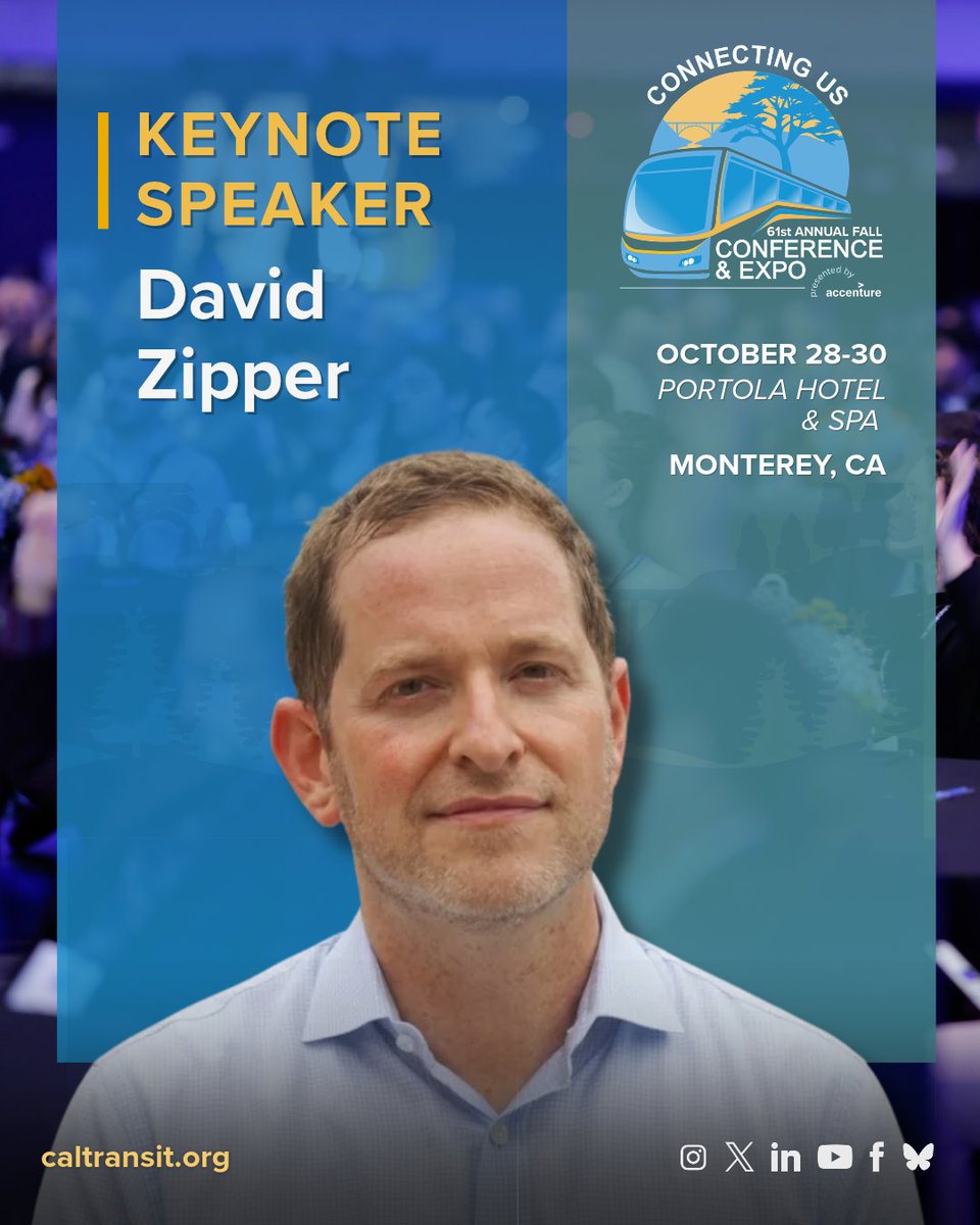 CalTransit's tweet photo. The California Transit Association is honored to welcome David Zipper, transportation writer and co-host of the Look Both Ways podcast, as a keynote speaker for the 61st Annual Fall Conference & Expo.

Join us in Monterey, October 28–30, for an engaging conversation on the intersection of transportation, cities, and technology. David is a contributing writer at Bloomberg whose work has also appeared in The Atlantic, Slate, and The Financial Times. He is known for coining the term “car bloat” and is currently writing a book on congestion pricing for MIT Press.

Register Today: https://t.co/AzGzWmR4Bq