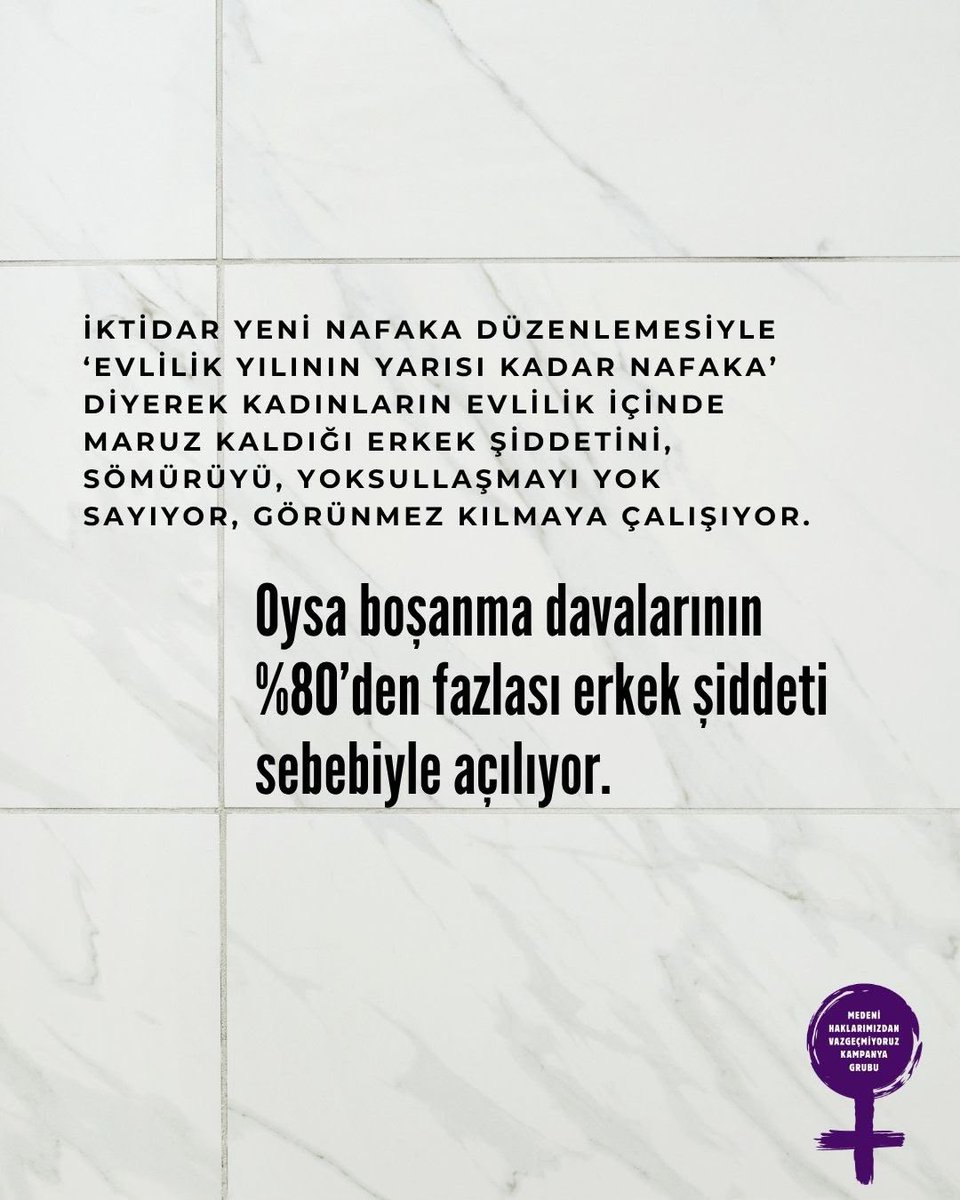 aralikfeminist3's tweet photo. İktidar yeni nafaka düzenlemesiyle ‘evlilik yılının yarısı kadar nafaka’ diyerek kadınların evlilik içinde maruz kaldığı erkek şiddetini, sömürüyü, yoksullaşmayı yok sayıyor, görünmez kılmaya çalışıyor. 
Oysa boşanma davalarının %80’den fazlası erkek şiddeti sebebiyle açılıyor. https://t.co/OvzHlgmGEx