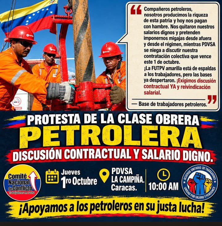 Zapatajs's tweet photo. @UcvMiguelangel Ya basta del congelamiento salarial y sueldos de hambre! La clase obrera petrolera exige la discusión inmediata de la convención colectiva que vence este #1Octubre y salarios dignos.
#JusticiaLaboral #SalariosDignos #ClaseObreraEnLucha #SalarioDignoYa #ContratoColectivoPetrolero https://t.co/aC6HQk5jrB