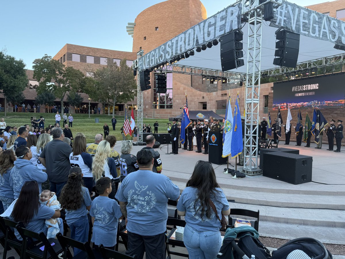 ClarkCountyNV's tweet photo. #AlwaysRemember #NeverForget - Remembering #1October 9 years later.
💜🧡
The Presentation of Colors and comments from Clark County Commission Chairman @MichaelNaft at our Sunrise Remembrance Ceremony. https://t.co/C07G9FJCvj