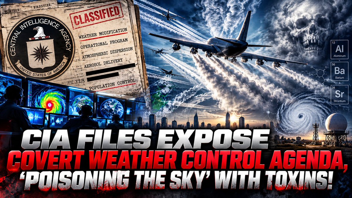A heavily edited graphic features a "CLASSIFIED" CIA document alongside a skull-shaped cloud formation, jets spraying trails, and a city skyline, with chemical symbols for Aluminum (Al), Barium (Ba), and Strontium (Sr) visible on the right. Bold red and white text reads "CIA FILES EXPOSE COVERT WEATHER CONTROL AGENDA, 'POISONING THE SKY' WITH TOXINS!"—visually reinforcing the post's claim of a government conspiracy regarding chemtrails and atmospheric manipulation.