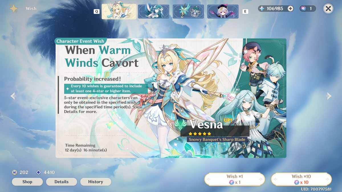 lusunderdog's tweet photo. I haven't pulled an aero character since kazuha in 1.6 and vesna is tempting me so bad😭 she's so peak😭😭 https://t.co/aq98h1nZR2