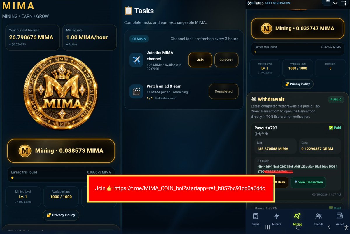 anwarrock733's tweet photo. MINING TELEGRAM FREE ⛏️

- NO DEPOSIT🔥
- LEGIT
- INSTAN WITHDRAW ✅️
- WITHDRAW MINIMAL 1000 MRG 🤘
- MENU ELEGANT

JOIN 👉 https://t.co/l3NTs6Q3Bu https://t.co/IINxBhWxd8
