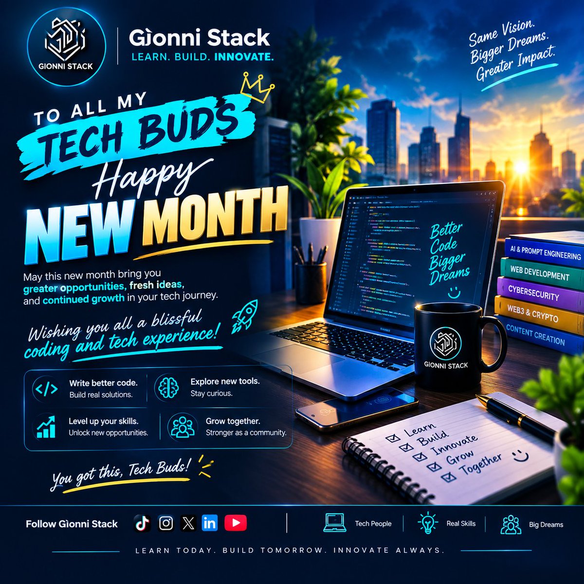 Greatjoe08's tweet photo. Happy New Month, Tech Buds! 🎉💻
Gìonni Stack — Learn Today. Build Tomorrow. Innovate Always. 🚀
#TechTrends #TechTwitter #Tech https://t.co/lfmo1Qy79t