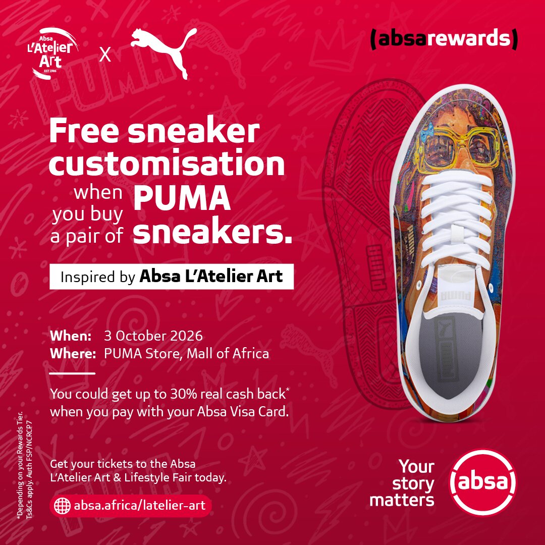AbsaSouthAfrica's tweet photo. Free sneaker customisation inspired by Absa L’Atelier Art 🎨👟

Buy PUMA sneakers at Mall of Africa on 3 Oct, get them customised by featured artists, &amp; pay with your Absa card for up to 30% real cash back. You could win an in-store prize.

#AbsaLatelier40 #YourStoryMatters https://t.co/5U5T1vWOm2