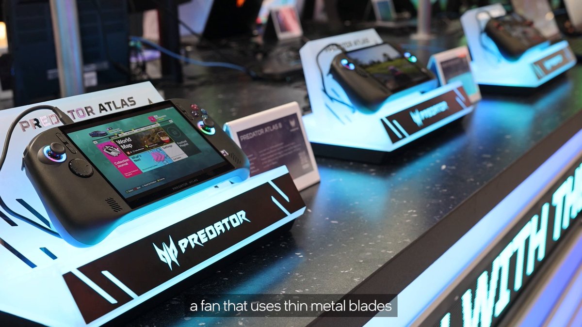 The Acer Predator Atlas 8 handheld gaming devices are displayed on illuminated "Predator" branded stands, with the front unit's screen showing the Xbox dashboard and a "World War" game tile. The image complements the post by showcasing the portable gaming device being promoted, highlighting its compact design and PC-like capabilities through the visible Xbox interface.