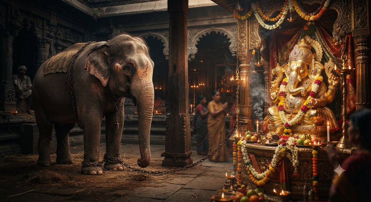 rameshtvk43's tweet photo. The Silent Contradiction

 * We shower an immobile idol of stone and metal with endless devotion and flowers, yet ignore the living soul beside it.

 * A sentient, magnificent creature—associated with the very deity being worshipped—is reduced to a captive existence of lonely suffering.

 * Heavy iron chains bind the elephant to a bed of dry straw, stripping away its natural right to freedom.

 * Worshippers bow their heads in prayer at the altar while turning a blind eye to the agony of a breathing, feeling being.

A Call for the Voiceless

It is a profound tragedy that in the very name of God, we inflict cruelty upon God’s own creation. True devotion can never coexist with systemic suffering. We must look past blind tradition, wake up to this harsh reality, and finally choose to speak for those who cannot speak for themselves.

Seeing all this human contradiction, one has to wonder—if true divine justice walked the earth, would we ever allow such pain to be carried out in God's name?

@imrajmohan
@tnhrcedept
@tnforestdept
@RvRanjithtvk
@RameshOffcl
@CTR_Nirmalkumar
@CMOTamilnadu
@TVKVijayHQ

#FreeTheElephants #VoiceForTheVoiceless #AnimalWelfare #EndAnimalCruelty #CompassionOverTradition
#FreeTheFive
#VerifyTheFive
#NoElephantsInTemples
#WhyTheChains
#StopElephantCaptivity