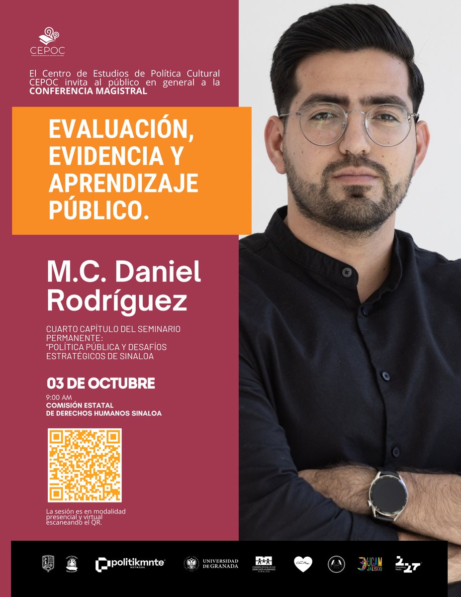 cepocsinaloa's tweet photo. 📚Continúa el Seminario Permanente del Centro de Estudios de Política Cultural CEPOC.

En esta edición, contaremos con la conferencia Magistral de la M. C. Daniel Rodríguez

Con el tema: "Evaluación, evidencia y aprendizaje público.".

⏰ 9:00 am
📆 03 de Octubre
📌 CEDH https://t.co/TI2wiND9Xw