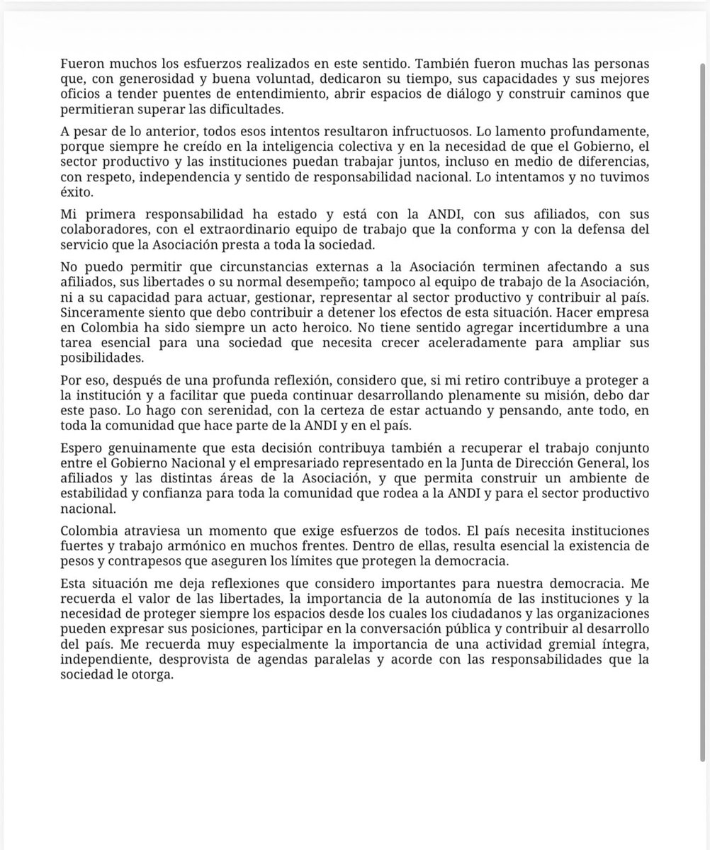PaoHerreraC's tweet photo. Esta es la carta con la renuncia @BruceMacMaster a la @ANDI_Colombia 
Dice que intentó mantener espacios de interlocución con el gobierno pero que esos esfuerzos no tuvieron éxito. 
Léanla atentamente, aquí hay algunas explicaciones muy importantes y claridades https://t.co/iP2VEuyiNG