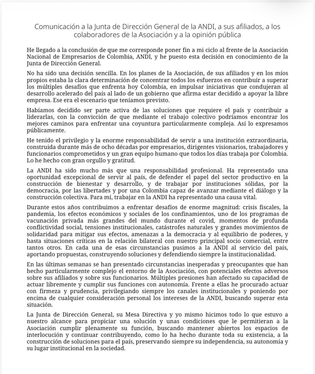 PaoHerreraC's tweet photo. Esta es la carta con la renuncia @BruceMacMaster a la @ANDI_Colombia 
Dice que intentó mantener espacios de interlocución con el gobierno pero que esos esfuerzos no tuvieron éxito. 
Léanla atentamente, aquí hay algunas explicaciones muy importantes y claridades https://t.co/iP2VEuyiNG