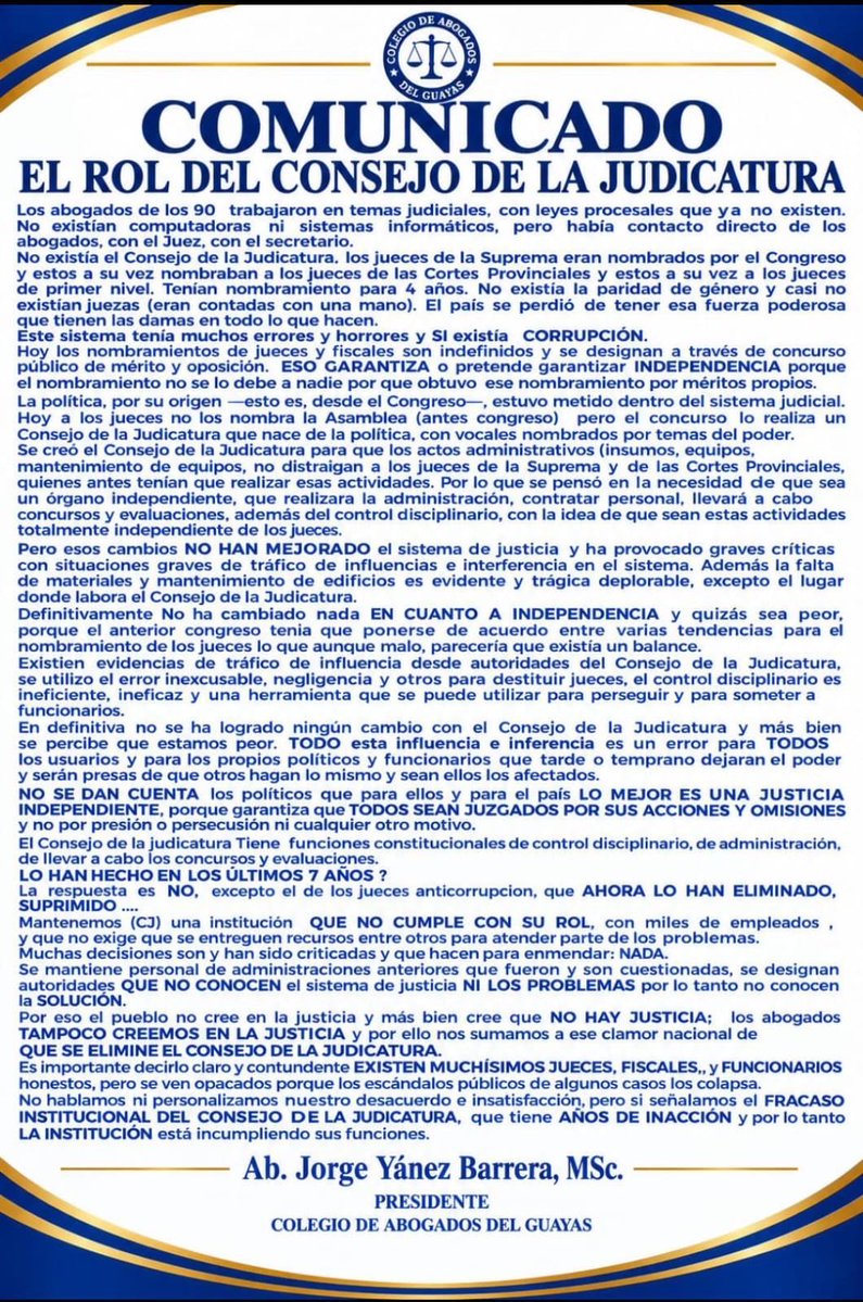 joffrecampana's tweet photo. Coincido totalmente con el Colegio de Abogados del Guayas. 
Para que el Ecuador sobreviva, el @CJudicaturaEc debe desaparecer. https://t.co/4TUB0jJAkn