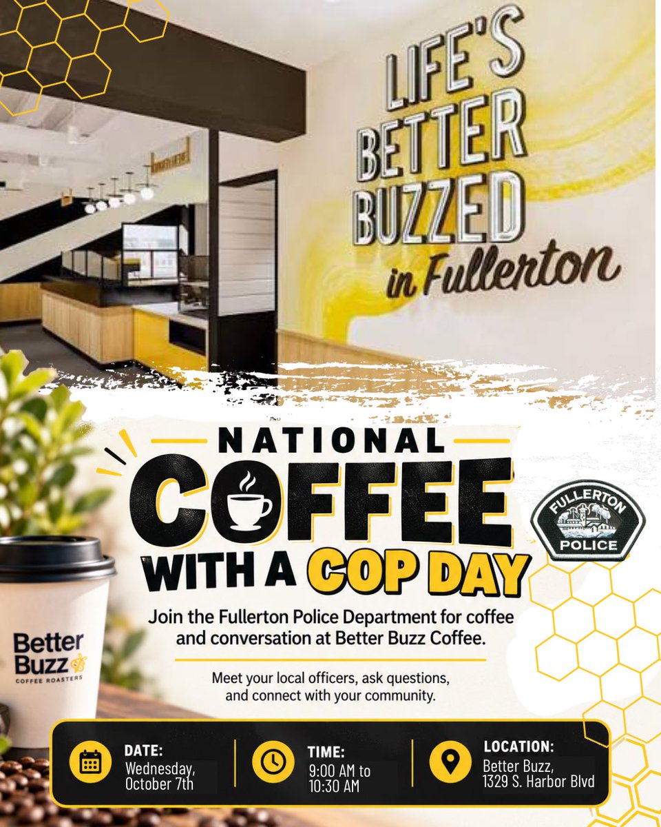 FPDPIO's tweet photo. ☕🚔 Life’s Better Buzzed… especially when coffee and cops are involved.

Join us for National Coffee with a Cop Day on Wednesday, October 7th, from 9:00 AM–10:30 AM at Better Buzz Coffee, 1329 S. Harbor Blvd.

Come grab your favorite drink, say hello, ask a question, or just hang out with your Fullerton Police Officers for a bit.

No speeches. No agenda. No PowerPoint presentation. 😏
Just coffee, conversation, and a chance to connect.

And since it’s October, yes… pumpkin spice absolutely counts. 🎃☕

We’ll see you there!