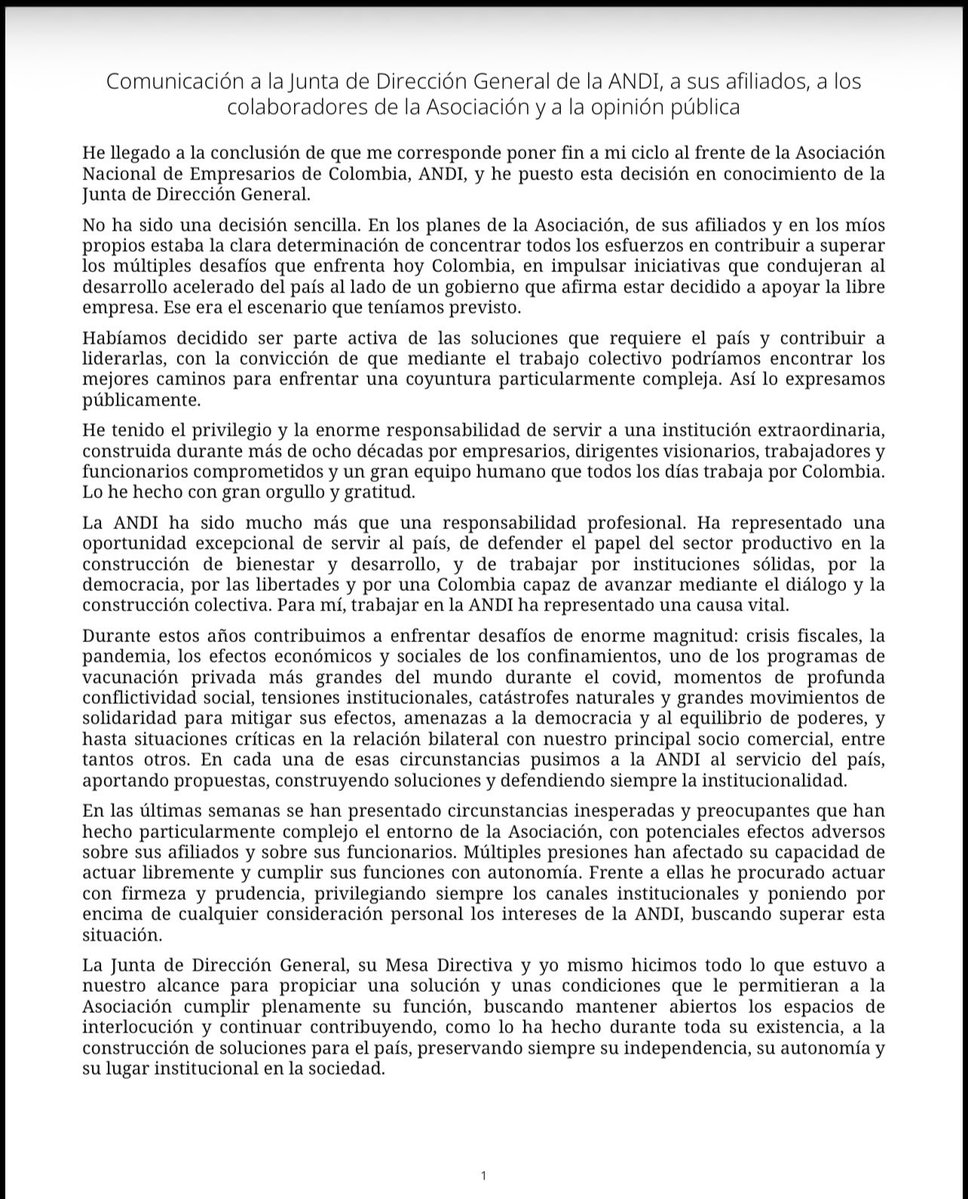 BruceMacMaster's tweet photo. Comparto mi comunicación a la Junta de Dirección General de la ANDI, afiliados, funcionarios y colaboradores de esta gran entidad, y opinión pública en general https://t.co/Bz1uTEJpzg