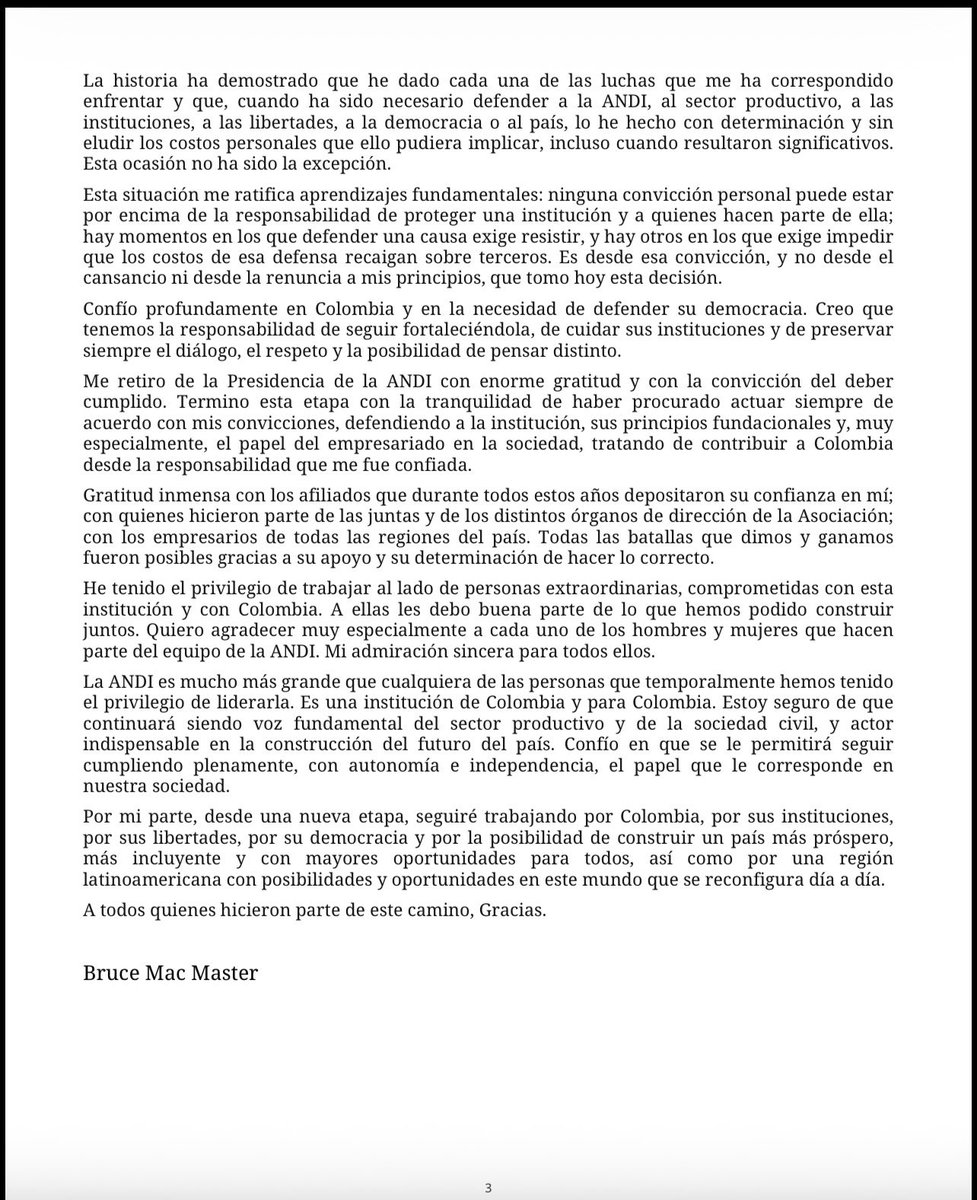 BruceMacMaster's tweet photo. Comparto mi comunicación a la Junta de Dirección General de la ANDI, afiliados, funcionarios y colaboradores de esta gran entidad, y opinión pública en general https://t.co/Bz1uTEJpzg