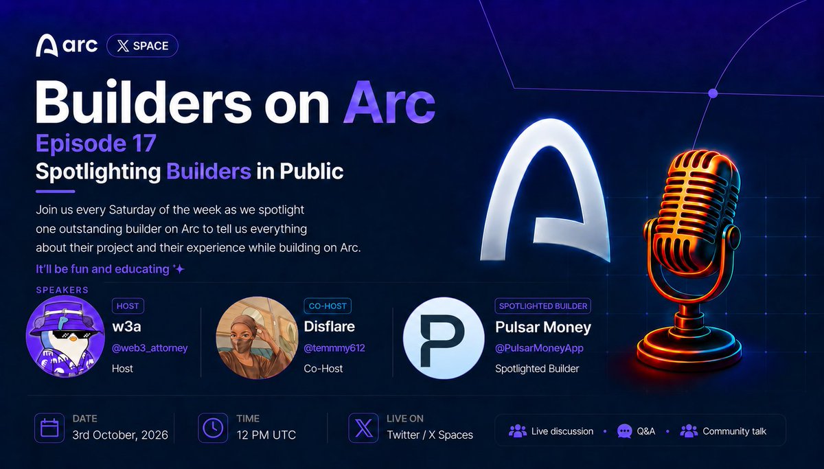 web3_attorney's tweet photo. Builders on Arc Episode 17 is coming this Saturday 🔥 🎙️ 

Our spotlighted builder for this episode is @PulsarMoneyApp 💵 

We know you all have some questions for them, now they’re joining us live this weekend 👀 

Join me and @temmmy612 again on this episode as we discuss with the Pulsar Money team.

Set your reminder here: https://t.co/hxe5HZ0m0p

Space schedule:
Date: Saturday, October 3rd, 2026
Time: 12 PM UTC, 1 PM WAT

Come with all your questions, support and vibes
Let’s do it again