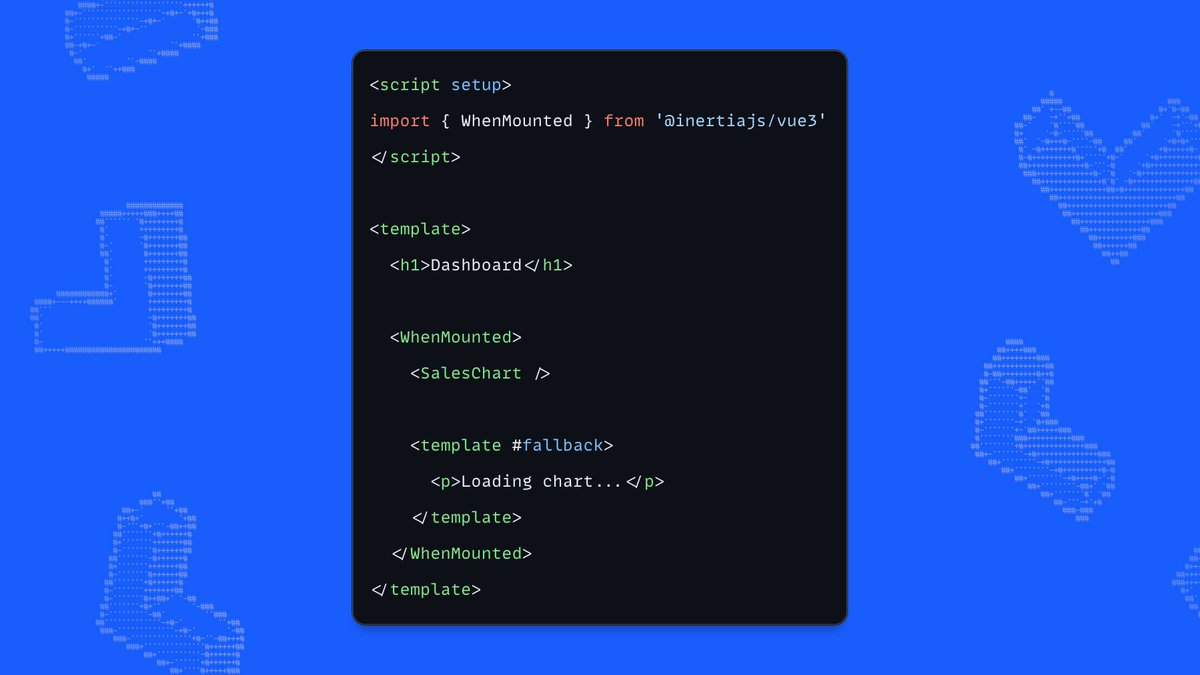 inertiajs's tweet photo. Say hello to the new WhenMounted component! Third-party charts, maps and editors often rely on 𝚠𝚒𝚗𝚍𝚘𝚠 or 𝚍𝚘𝚌𝚞𝚖𝚎𝚗𝚝, which breaks SSR. Wrap them in WhenMounted and the rest of the page still renders on the server. 💫

The fallback only shows during SSR and hydration. https://t.co/FPqz1yzSbp