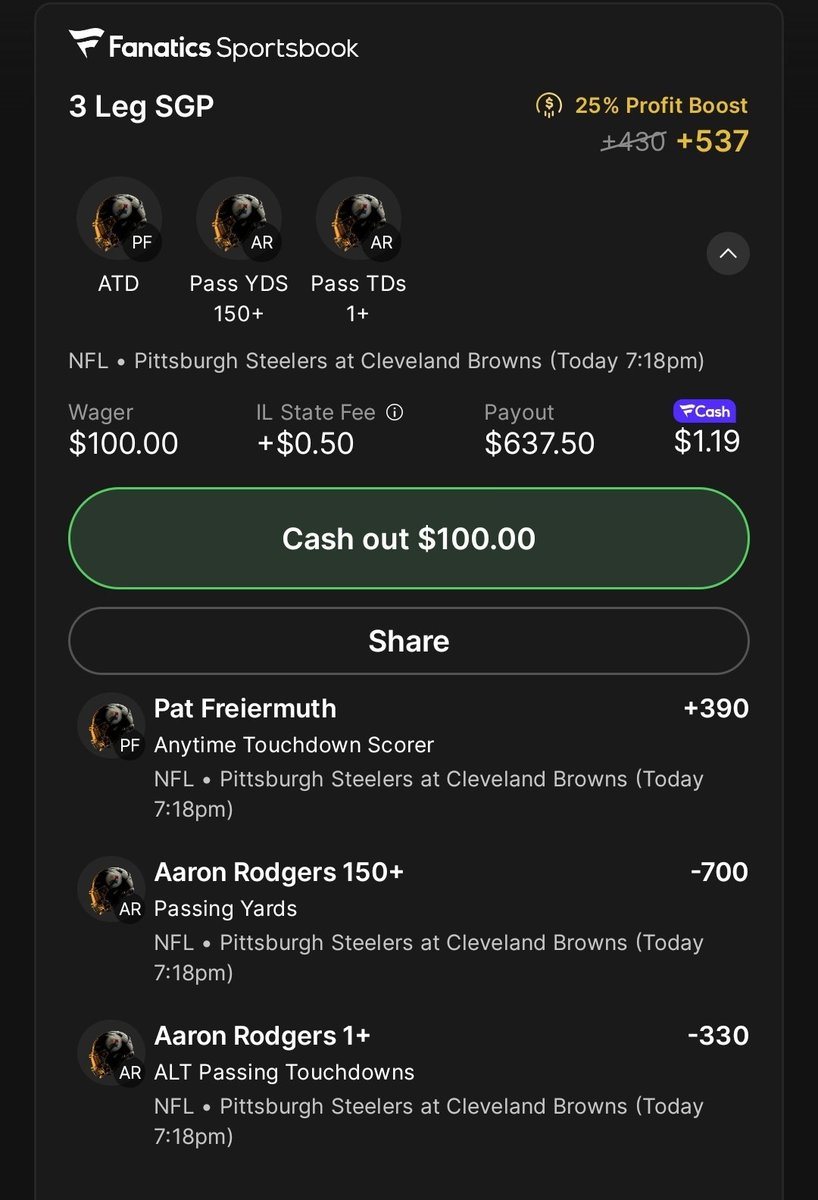 TheBirdHouseEV's tweet photo. Fanatics Thursday night football 🏈🏈

📊 **EV Calculator**
🎯 Fair Odds: `+413`@GetBettorOdds
📈 EV: `24.17%`
💰 QK: `1.13u`

🔗👇

https://t.co/PTPQCsPJC4 https://t.co/ZW7pZztwYn