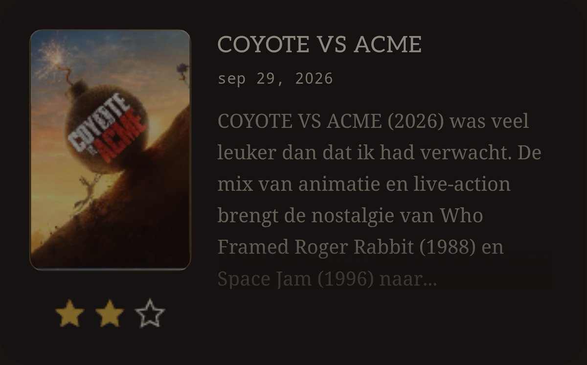 FelixRothuizen's tweet photo. Ik heb zojuist COYOTE VS ACME (2026) gekeken. Lees mijn korte recensie op https://t.co/dvT9gqjE3X #movieroulette #coyotevsacmeㅤㅤ #johncena #willforte #lanacondor https://t.co/kwq3NcrbuI